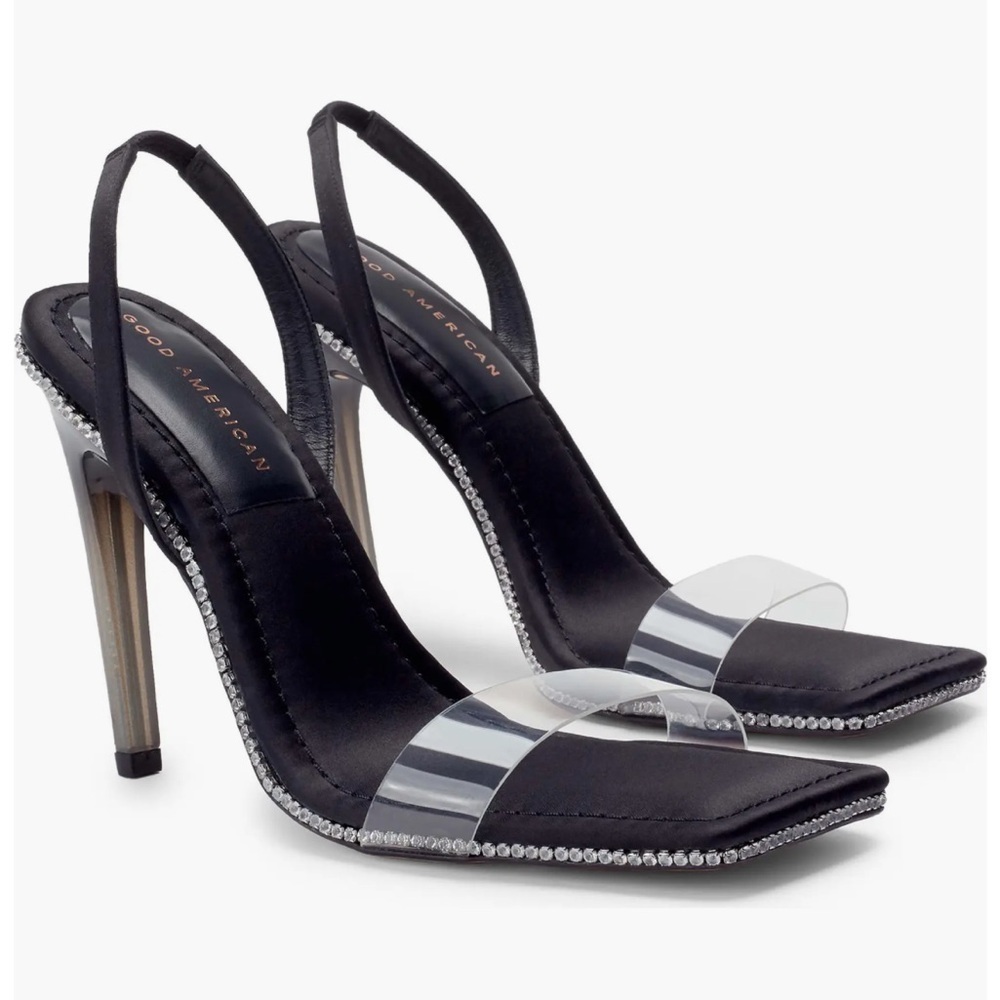 NIB Good American Crystal Crush Lucite Sandals in Black size 6.5